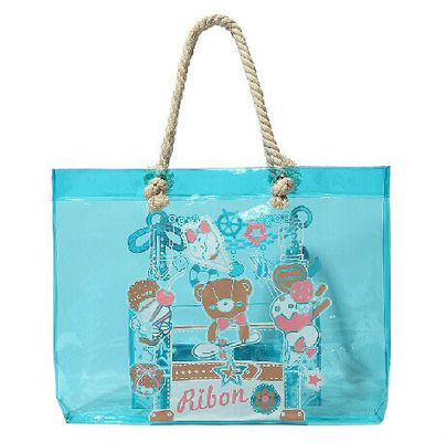 ECO friengdly fashion ladies blue PVC tote bag handbag with cotton rope