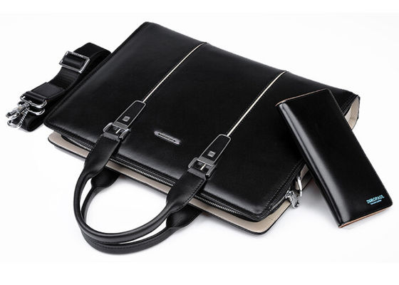 Leather Mens Business Briefcase Satchel Handbag with durable shoulder belt